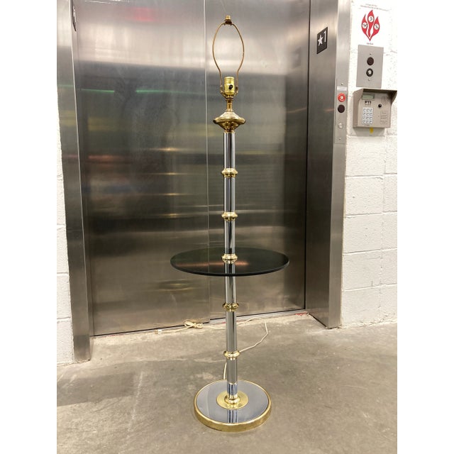 Mid-Century Modern Modernist Faux Bamboo Chrome & Brass Floor Lamp With Glass Tray Table in Mastercraft For Sale - Image 3 of 13