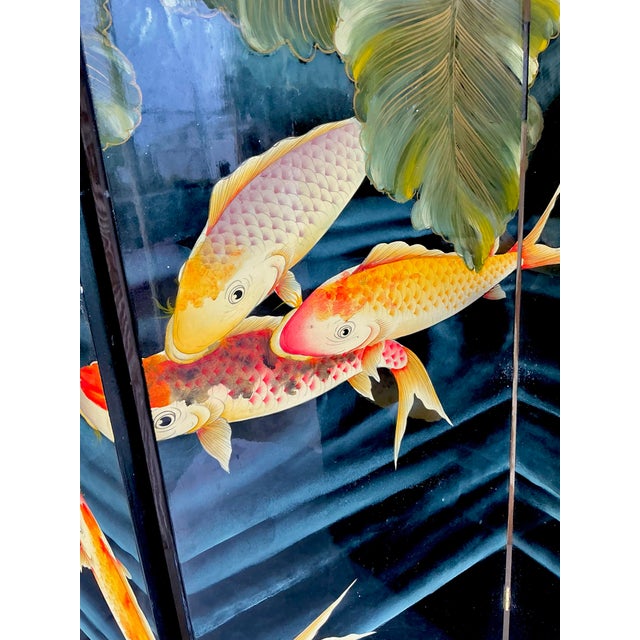 Black Vintage Boho Lacquered Koi Screen For Sale - Image 8 of 9