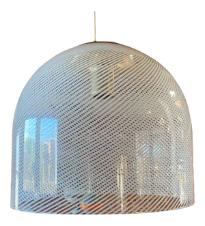 Italian White Stripe Murano Glass Globe Pendant Chandelier by Mazzega 1970s