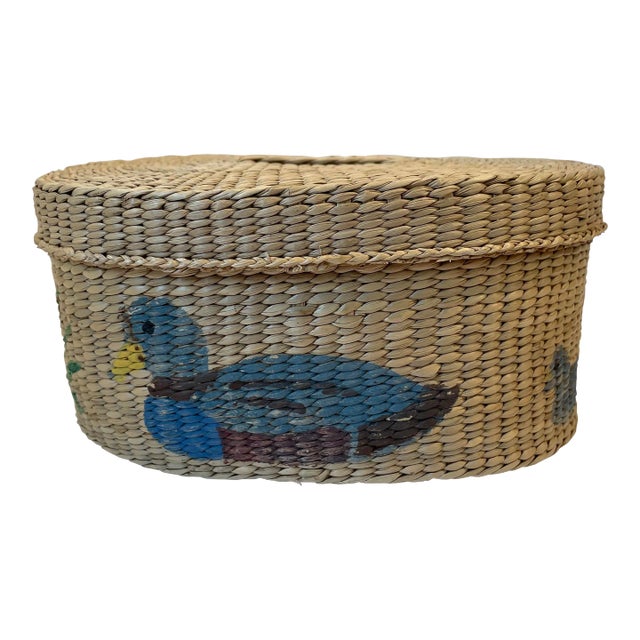 Vintage Hand Woven and Painted Sweetgrass Basket For Sale