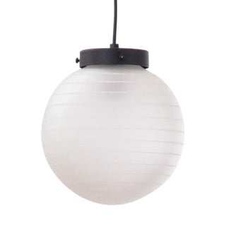 Suspension Light with White Murano Glass Sphere with White Striped Decoration, Italy, 1980s For Sale