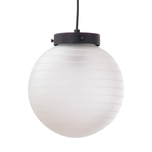 Suspension Light with White Murano Glass Sphere with White Striped Decoration, Italy, 1980s For Sale