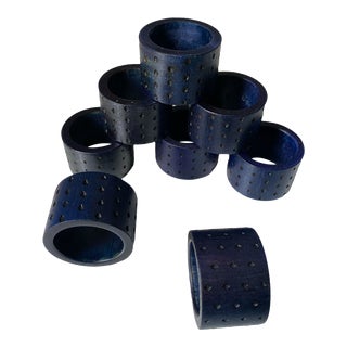 Vintage Boho 90s Indigo Blue Wooden Napkin Rings With Burnt Diamond Pattern - Set of 8 For Sale