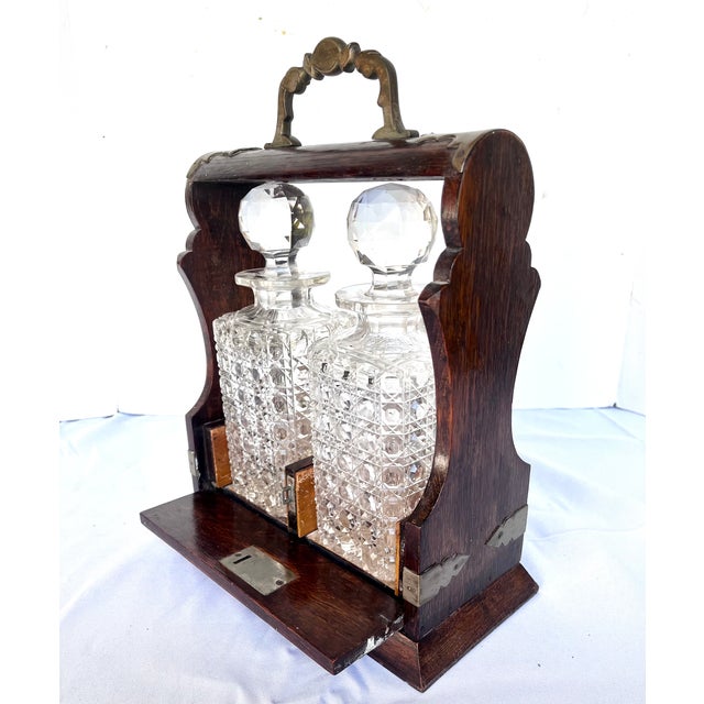 Antique Late 1800s English Oak Two Decanter Tantalus with Key - 4 pcs For Sale - Image 4 of 12