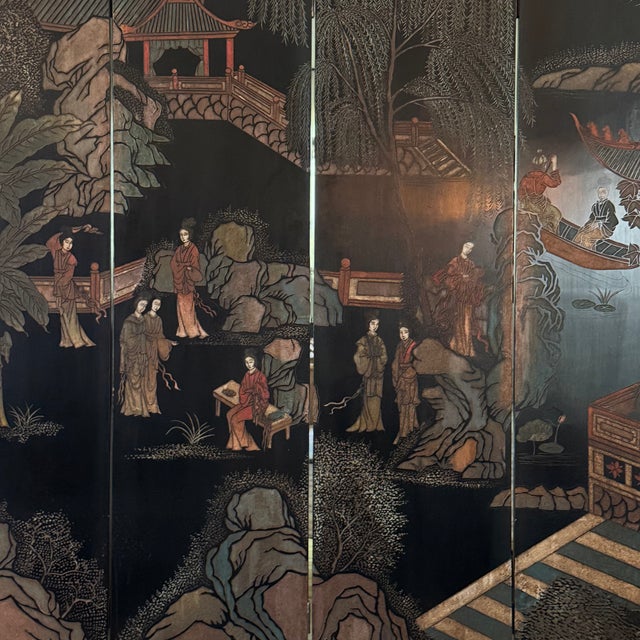 1920s Monumental Antique Chinese Double-Sided Black Lacquer Six-Panel Screen For Sale - Image 5 of 8