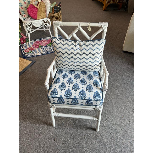 Late 20th Century Painted Bamboo Chair With Nautical Cushion and Lumbar Pillow For Sale - Image 4 of 11