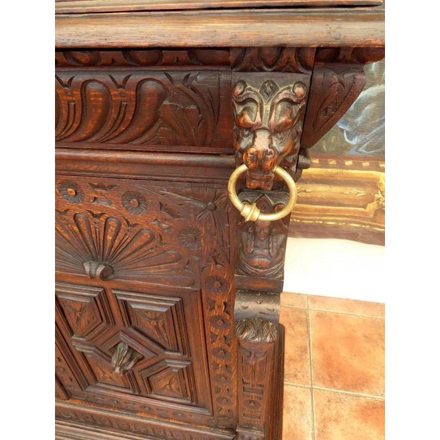 Antique Victorian Country Oak Bookcase with Carved Faces and Lions, 1860 For Sale - Image 10 of 18