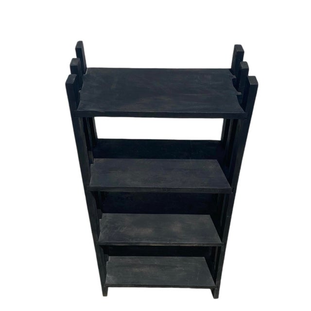 Farmhouse 1940s Vintage Primitive Black Painted Wood Tall Bookshelf With Four Shelves For Sale - Image 3 of 12
