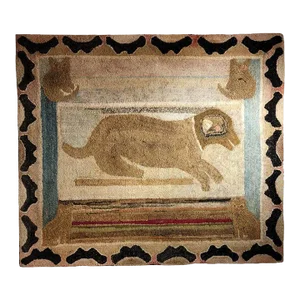 19th C Pictorial Dog and Cat Hand Hooked Wall Art Rug