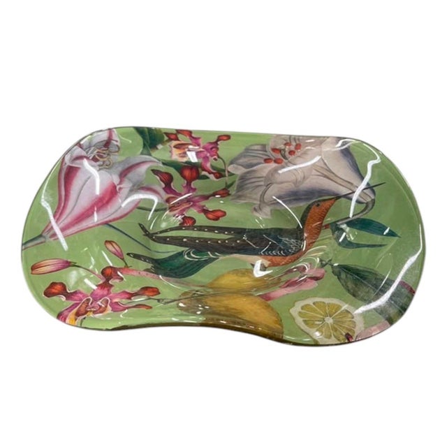 Vintage Tropical Botanical Decoupage Glass Shallow Bowl – Hummingbird & Orchids For Sale - Image 4 of 12