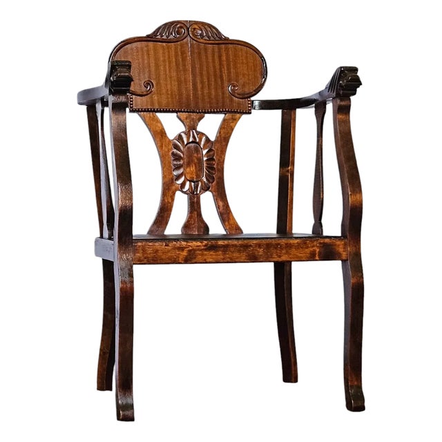 Late 19th Century Antique Throne Chair Carved Lion Head Arms For Sale