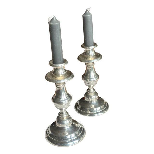 Silver-Plated Metal Candlesticks by Pierre Meurgey, Paris, France, 1970s, Set of 2 For Sale