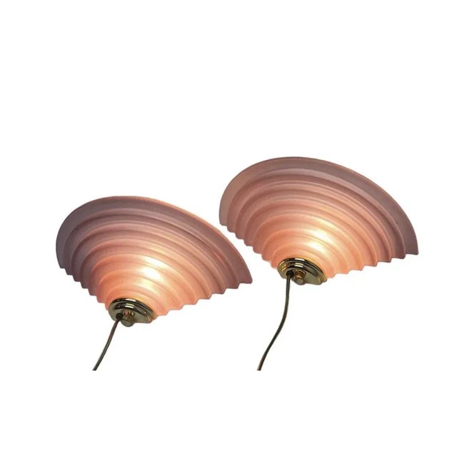 Memphis Stepped Glass Salmon Pink and Brass Glass Wall Lamps, 1980s, Set of 2 For Sale - Image 3 of 12