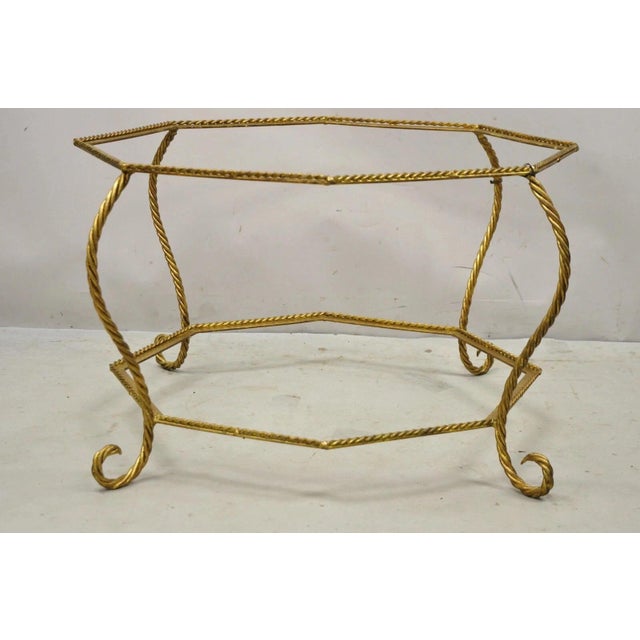 Vintage Italian Hollywood Regency Gold Gilt Iron Rope Metal Octagonal Coffee Table Base. Item features a wrought iron gold...