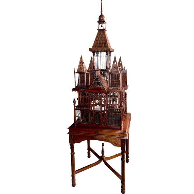 Brown Monumental Victorian Gothic Revival Mahogany Bird Cage on Stand. England 19th C. For Sale - Image 8 of 12
