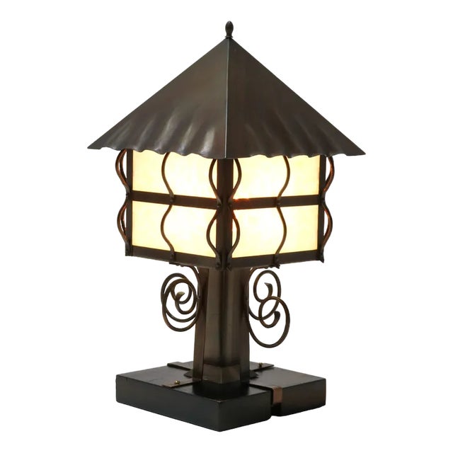 Arts & Crafts Patinated Wrought Iron Table Lamp, 1900s For Sale