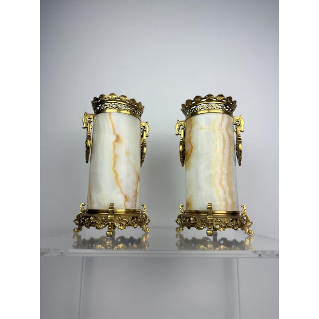 Beige Antique French Onyx and Gilt Bronze Vases, 1800s, Set of 2 For Sale - Image 8 of 9