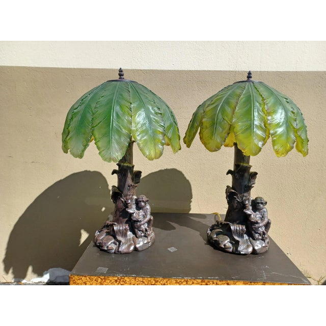 Late 20th Century Late 20th Century Pair of Whimsical Monkey Table Lamps With Palm Frond Shade For Sale - Image 5 of 5