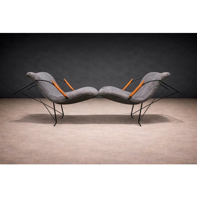 Mid-Century Modern Pair of Armchairs Gray Fabric, Rosewood, & Metal, Carlo Hauner, 1950s - Lot 184 For Sale - Image 3 of 14