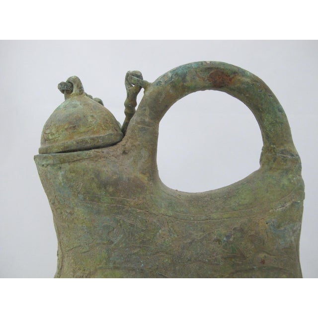 Chinese Bronze Ware Dynasty Kettle Cockscomb Flask With Archaic Horse Design For Sale In Portland, OR - Image 6 of 14