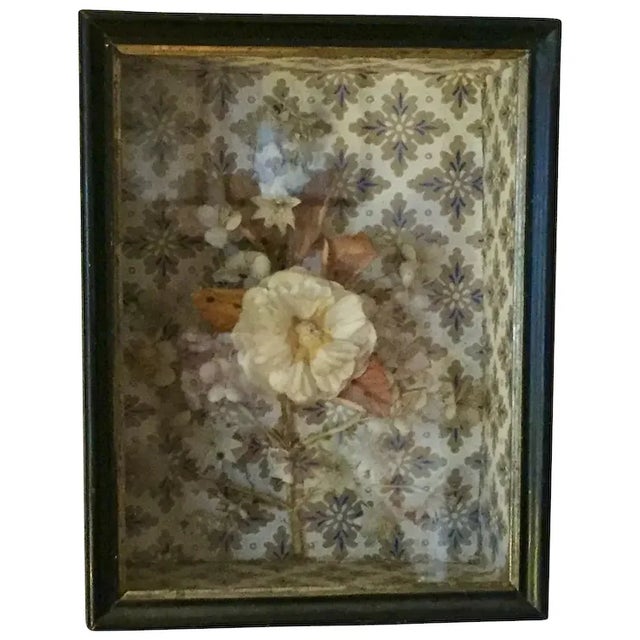 Antique 19th Century French Victorian Wall Paper Shadow Box With Fancy Work Dimensional Flower For Sale - Image 12 of 12