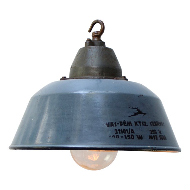 Vintage Industrial Pendant Light in Grey Enamel, Cast Iron and Clear Glass For Sale