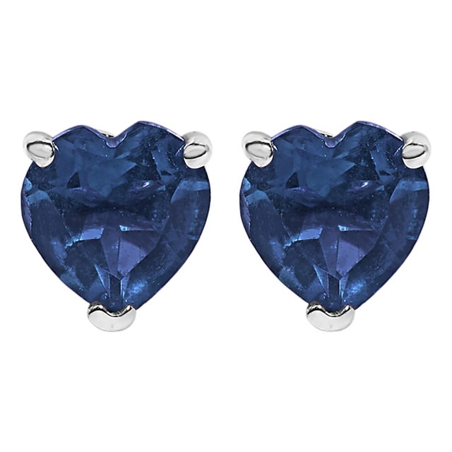 14K White Gold 5MM Heart Cut Sapphire Solitaire Stud Earrings For Sale