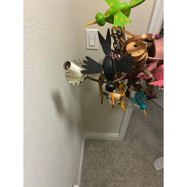 Vintage Folk Art Hummingbird Chandelier Signed Carey Handmade Wood Hanging Light For Sale - Image 12 of 12