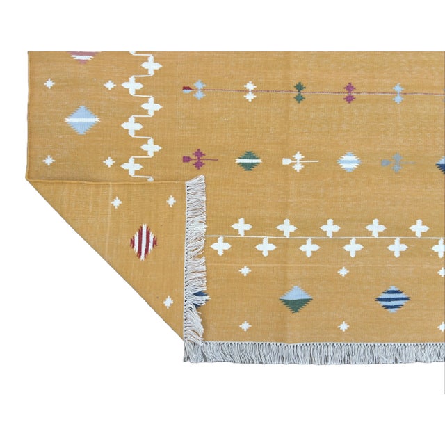 Casa Cosima Handmade Cotton Vegetable Dyed Area Rug, Mustard Yellow Shooting Star Dhurrie - 9'x12' For Sale - Image 4 of 10