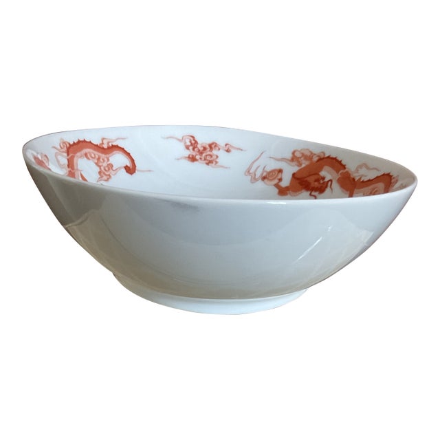 Fukagawa for Tiffany & Co. Dragon Motif 10” Porcelain Oval Vegetable Bowl in Red/White For Sale