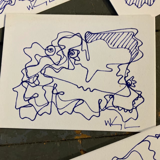 Abstract 1980’s 5 Original Small Wayne Cunningham Abstract Blue Ink Drawings Signed-Set of 5 For Sale - Image 3 of 8