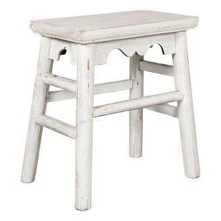 Vintage Chinese Rustic Country Style White Painted Wooden Stool For Sale