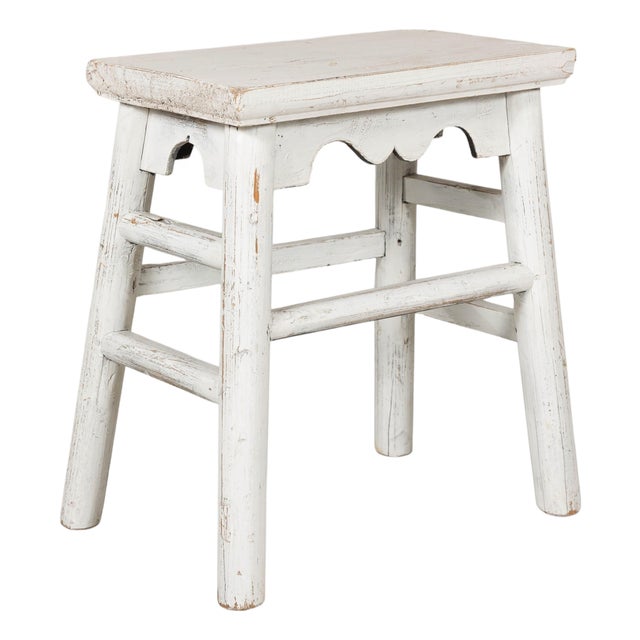 Vintage Chinese Rustic Country Style White Painted Wooden Stool For Sale