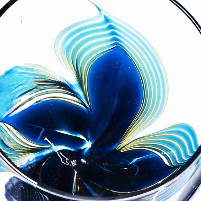 Randy Strong Signed Cobalt Blue Feather Floral Wine Goblets, Set of 4, 1980 For Sale - Image 13 of 18