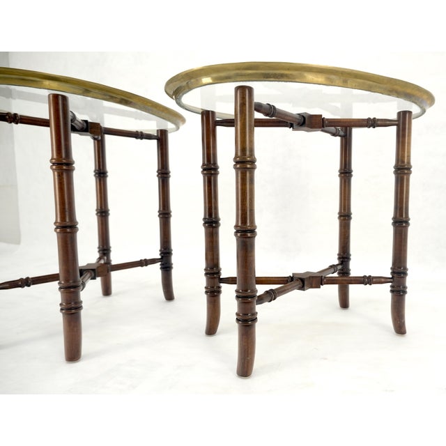 Mid-Century Modern Pair Oval Brass Gallery Glass Top Faux Bamboo Bases End Side Tables Stands MINT For Sale - Image 3 of 16