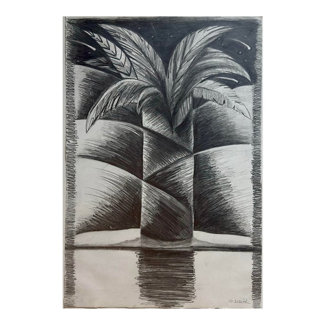 Black and White Original Graphite Drawing 15x22 Titled "Night Palm" MCM For Sale