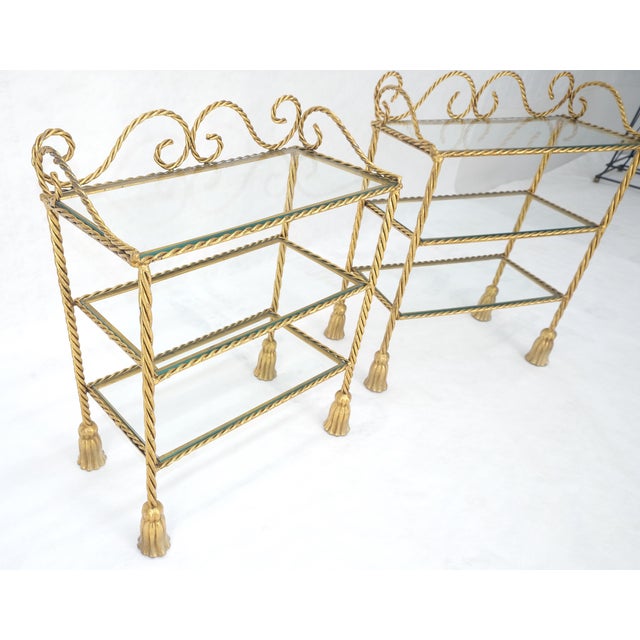 Metal Pair of Italian 3 TierGold Gilt "Twisted Rope" Iron Side End Tables Stands MINT For Sale - Image 7 of 15