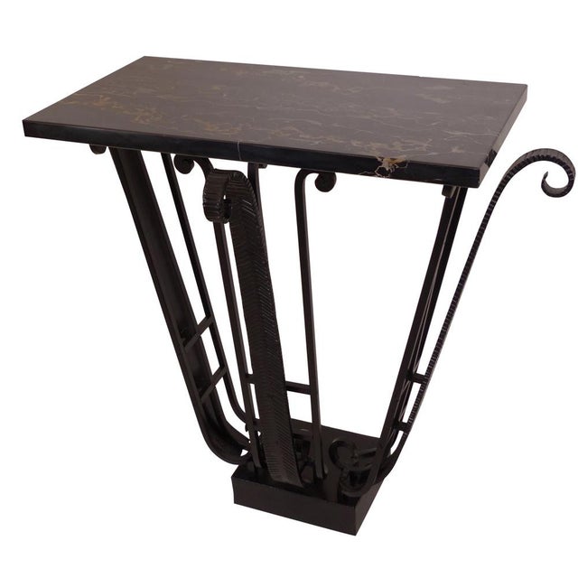 Art Deco Console Tables in Wrought Iron with Portor Marble Top, 1930s, Set of 2 For Sale - Image 3 of 7