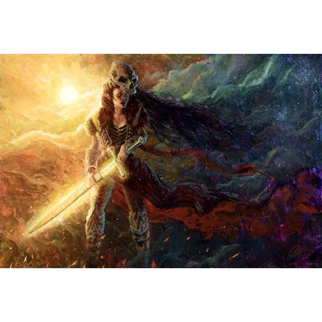 Call of Destiny by Christopher Clark | Oil Painting of a warrior with a sword in a cosmic landscape For Sale