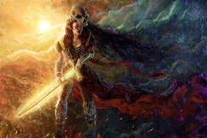 Call of Destiny by Christopher Clark | Oil Painting of a warrior with a sword in a cosmic landscape