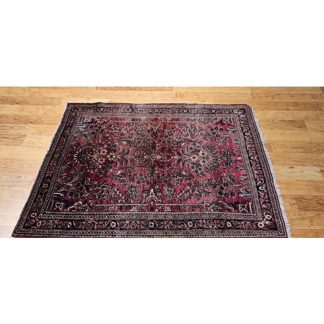 Red Antique Persian Sarouk Area Rug, Hand-Knotted Wool, Allover Floral Pattern, 3x5, Red & Navy For Sale - Image 8 of 16