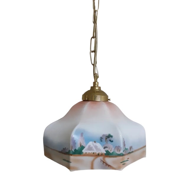 Small Kitchen Lamp with Glass Shade in Colored Spray Decor, 1920s For Sale