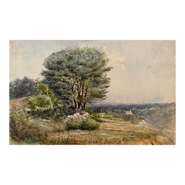 Early 20th Century Attributed to Frank Henry Mason Country Landscape Trees Distant Village Watercolor For Sale