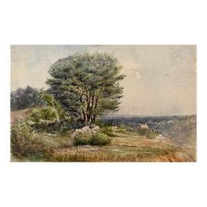 Early 20th Century Attributed to Frank Henry Mason Country Landscape Trees Distant Village Watercolor