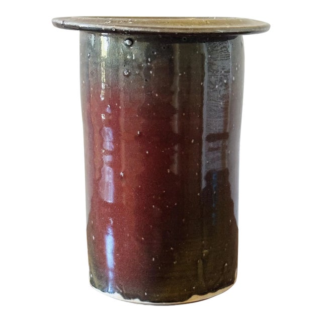 Mid-Century Hand Thrown California Studio Vase With Large Lip in Red Gray and Green Glaze For Sale