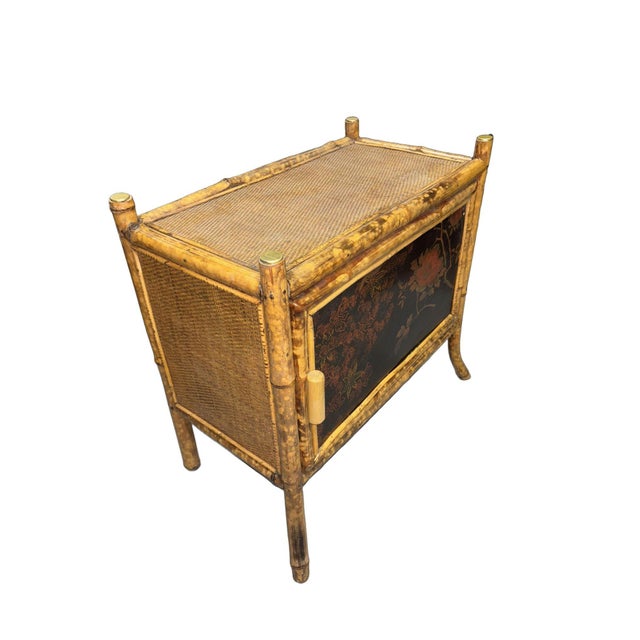 Late 19th Century Victorian Chinoiserie Tiger Bamboo Nightstand With Hand-Painted Lacquer Front For Sale In Los Angeles - Image 6 of 12