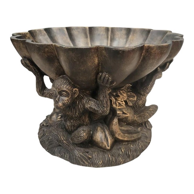Vintage Large 3 Monkey Scalloped Palm Beach Regency Decorative Fruit Bowl Table Top Decor For Sale