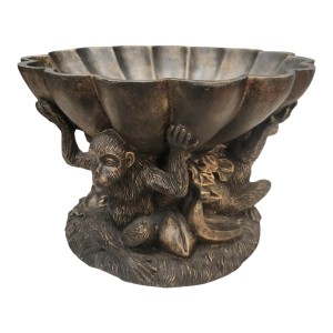 Vintage Large 3 Monkey Scalloped Palm Beach Regency Decorative Fruit Bowl Table Top Decor