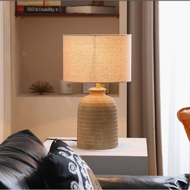 Light Beige Linen & Rattan Lamp For Sale - Image 4 of 4