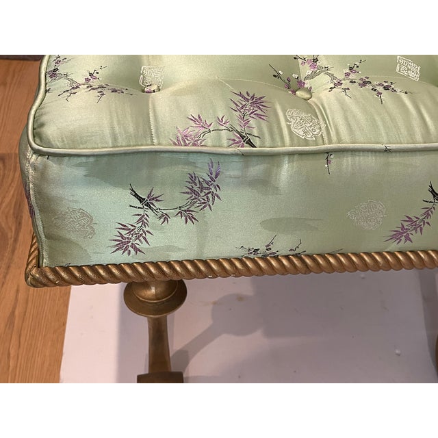 Metal 1940s Gorgeous Antique Louis XVI Style Ottoman Silk Tufted Scrolled Feet For Sale - Image 7 of 12